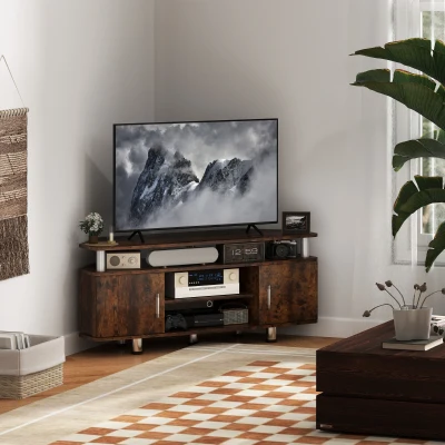 HOMCOM TV-Möbel für Fernseher bis zu 55 Zoll mit großem Regal, Schranktüren und offenem Fach, braun