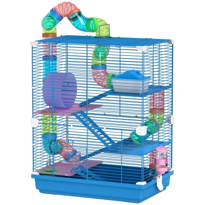 PawHut Käfig für Hamster Nagetiere 4 Etagen mit Tunneln Futtertrog Rad Häuschen Leitern 46 x 30 x 58 cm blau