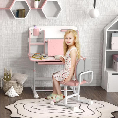 AIYAPLAY Set Schreibtisch und Stuhl für Kinder Höhenverstellbar, Schulbank mit Neigbarem Tisch, Schublade, Bücherregal, Rosa