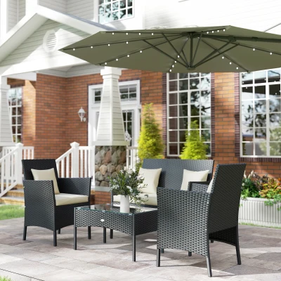 Outsunny Conjunto de Jardim de Vime Sintético com 2 Poltronas 1 Sofá de 2 Lugares 1 Mesa de Centro e Almofadas Preto e Branco