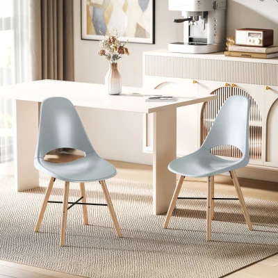 HOMCOM Set von 2 Esszimmerstühlen aus Kunststoff und Kautschukholz im skandinavischen Stil mit gebogenem Rücken, Grau