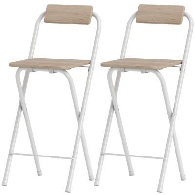 HOMCOM Set mit 2 klappbaren Barhockern mit Rückenlehne und Fußstütze, Stahlgestell, 87 cm hoch, natürliche Holzoptik
