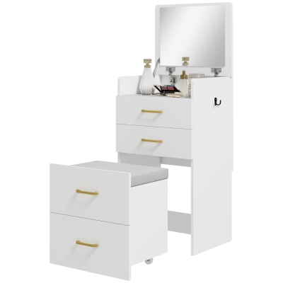 HOMCOM Coiffeuse mit Spiegel und Hocker 3 in 1, 3 Schubladen und transparenter Glassplatte, gepolstertes Kissen, 48 x 40 x 90 cm, weiß