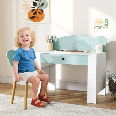 AIYAPLAY Set Schreibtisch für Kinder mit Schublade und Stuhl mit Bärenrückenlehne, Alter 3-8 Jahre, Grün