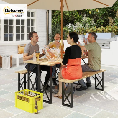 Outsunny Holztisch und Bänke Set Holzpicknicktisch mit Bänken für 6 bis 8, 160 cm Sonnenschirmloch von 5 cm braun