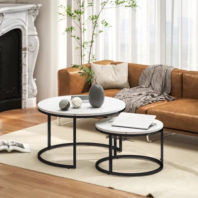 HOMCOM Set aus 2 stapelbaren Wohnzimmertischen, industrielles Design, Metallgestell, weiß
