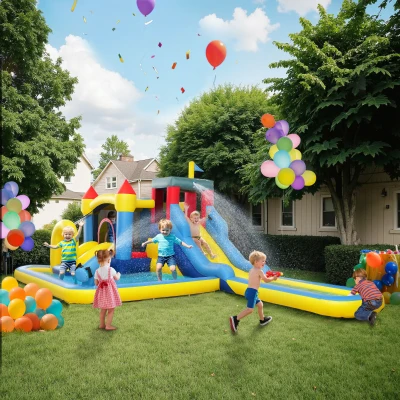AIYAPLAY Schloss aufblasbar mit Gebläse Wasserpark Rutschen, Trampolin, Kletterwand, Wasserpistole, Basketballkorb