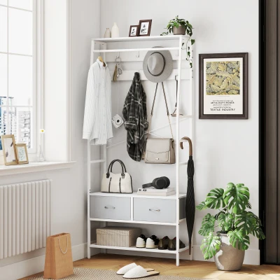 HOMCOM Móvel Cabide de Entrada com Banco Sapateira 8 Ganchos 2 Gavetas de Tecido Barra Prateleira 80x30x180,5 cm Branco e Cinza