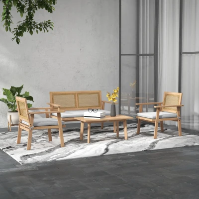 Outsunny Gartenmöbel-Set 4-teilig für 4 Personen mit 2-Sitzer-Sofa, 2 Sesseln, 1 Couchtisch, Kissen, Akazienholz