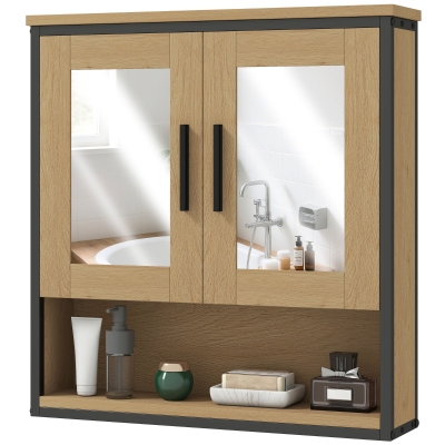 HOMCOM Wandspiegelschrank Badezimmer mit Miroir, Badezimmerschrank mit offenem Fach und verstellbarem Regal, Eiche