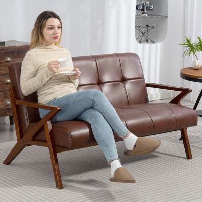 HOMCOM 2-Seater Tufted Loveseat PU Leather Sofa Brown