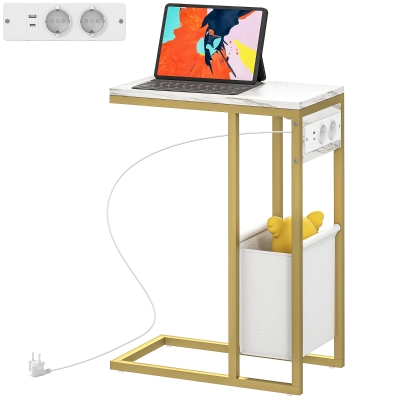 HOMCOM Beistelltisch C-Form mit Ladestation Stoffaufbewahrungssack Marmoroptik-Platte, 46 x 25 x 62,5 cm, weiß