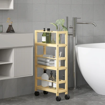 HOMCOM Badezimmerregal mit 3 Ebenen und Rollen aus Bambusholz, 36x15x73 cm, Holzfarbe