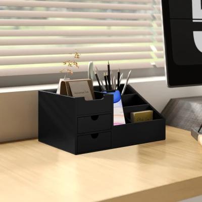 HOMCOM Schreibtisch-Aufbewahrungsbox - Schreibtischorganizer - 7 Fächer, 2 Schubladen - Lackierter Bambus Schwarz