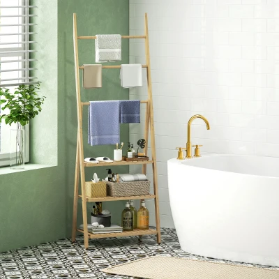 HOMCOM Badezimmerregal 3 Regale mit 3 Handtuchstangen, freistehend und klappbar aus Bambus