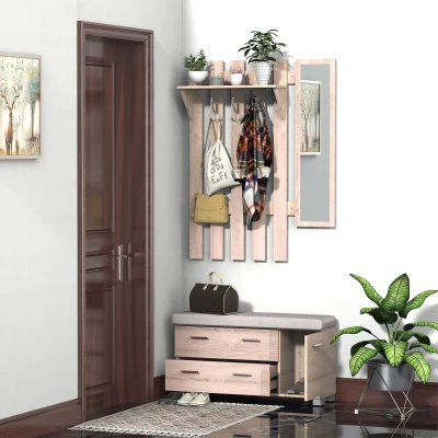 HOMCOM Set Garderobenmöbel 3 in 1 mit Spiegel und Schuhschrank für den Eingangsbereich Spanplatte 90 x 21,5 x 116 cm Eiche