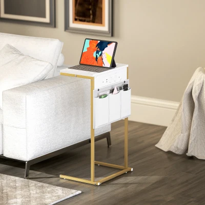 HOMCOM Couchtisch C-Form Marmoreffekt mit integrierten Steckdosen und USB, Weiß