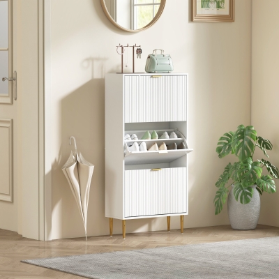 HOMCOM Schuhschrank schmal mit 3 gerillten Türen und verstellbaren Regalen für 18 Paar Schuhe 60x24x128 cm Weiß