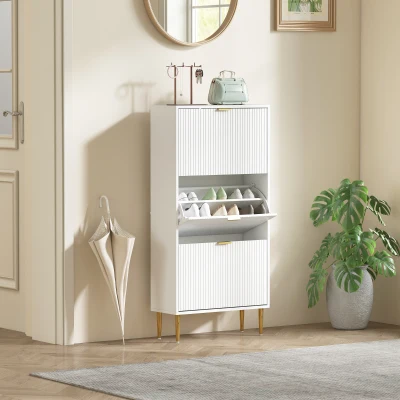HOMCOM Schuhschrank schmal mit 3 gerillten Türen und verstellbaren Regalen für 18 Paar Schuhe 60x24x128 cm Weiß
