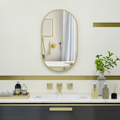 HOMCOM Ovaler Wandspiegel mit Aluminiumrahmen, minimalistischem Design, vertikaler oder horizontaler Montage mit 3 Haken 40 x 70 cm in Gold