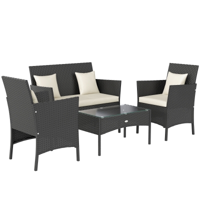 Outsunny Conjunto de Jardim de Vime Sintético com 2 Poltronas 1 Sofá de 2 Lugares 1 Mesa de Centro e Almofadas Preto e Branco
