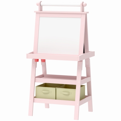 AIYAPLAY Kinder-Malständer 3-in-1 mit magnetischer weißer Tafel, Kreidetafel, Papierrolle, 2 Körben, 3-6 Jahre, Rosa