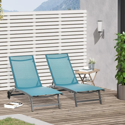 Outsunny Set of 2 sun loungers in aluminum and textilene with wheels multi-position backrest max. 150 Kg blue