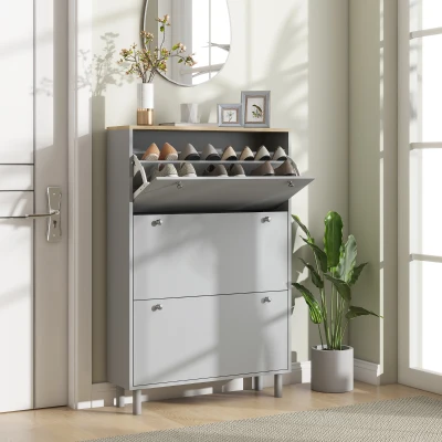 HOMCOM Schuhschrank für 24 Paar mit 3 klappbaren Schubladen und verstellbaren Regalen, 80x23,5x121cm, Grau