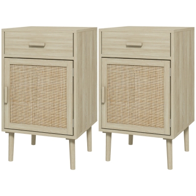 HOMCOM Set 2 Nachttische für das Schlafzimmer mit Schublade und Tür im Rattan-Boho-Stil, Farbe Holz