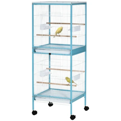 PawHut Vogelkäfig 2 in 1 Voliere für Drinnen mit 4 Rädern und herausnehmbaren Schubladen, 51,5x50x140 cm