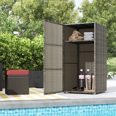 Outsunny Gartenschrank aus PE-Rattan mit 2 Fächern, 60x63x120cm, Grau