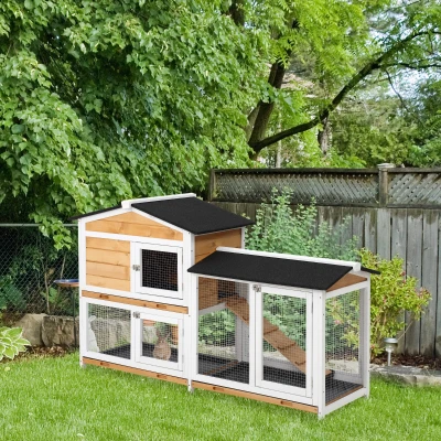 PawHut Kaninchenstall aus Holz mit Häuschen, Rampe und Umzäuntem Freigehege, Gelb und Schwarz