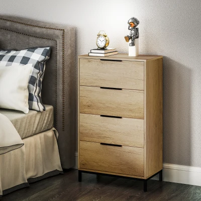HOMCOM 4-Schubladenkommode mit Kippschutz und schwarzen Griffen, aus Holz und Metall, 62x35x105 cm, Hellbraun