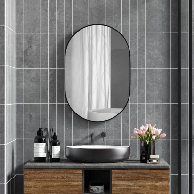 HOMCOM Ovale Badezimmerspiegel Wandmontage mit Aluminiumrahmen, Vertikal oder Horizontal, 60x90cm, Schwarz