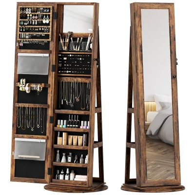 HOMCOM Bodenspiegel Schmuckschrank 360° drehbar mit Regalen und Schlüsselverschluss, 55x55x161 cm, Rustikales Braun