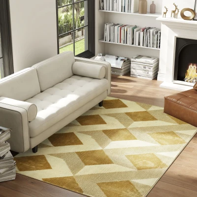 HOMCOM Teppich Wohnzimmer 170 x 120 cm Kurzflor, maschinenwaschbar, hypoallergen, für Wohnzimmer, Schlafzimmer, Büro, Gelb