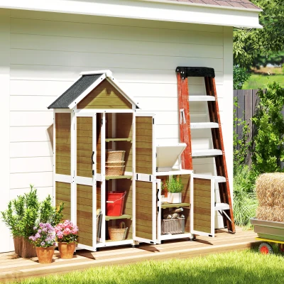 Outsunny Gartenunterstand + Holzschrank mit geneigtem Asphaltdach, verstellbaren Regalen und abschließbaren Türen, natur