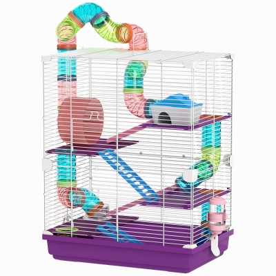 PawHut Käfig für Hamster Nager 4 Etagen mit Tunneln Fressnapf Laufrad Häuschen Leitern 46 x 30 x 58 cm Violett