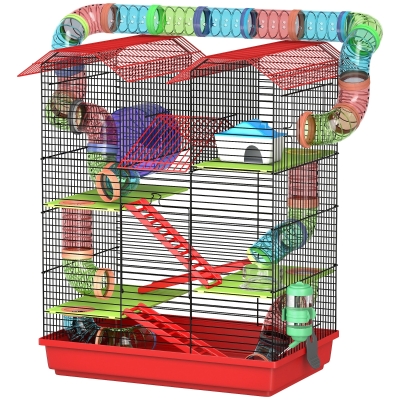 PawHut Käfig für Hamster Mäuse Kleintiere Nager mit Tunnel Futternapf Laufrad Spielzeug 47 x 30 x 59 cm Rot