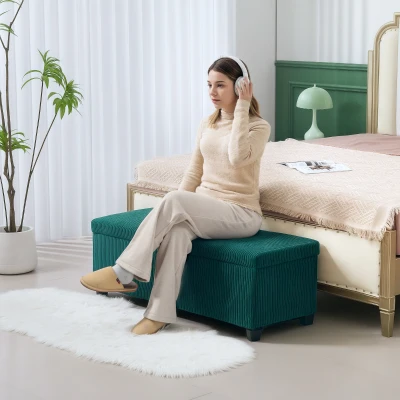 HOMCOM Samt Cord Aufbewahrungshocker End Of Bed mit Deckel, für Wohnzimmer, Schlafzimmer, Eingangsbereich, 112 x 42 x 40 cm, Grün