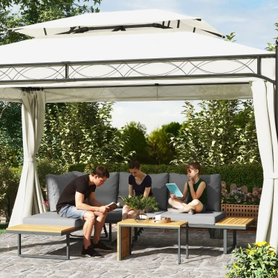 Outsunny Modulares Gartenmöbel-Set aus Akazienholz für 6 Personen, Ecksofa-Gartenmöbel-Set mit Tisch, Grau