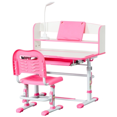 HOMCOM Kinderschreibtisch 6-12 Jahre höhenverstellbar mit LED Lampe, Lesegestell und Stifthalter, aus MDF, PP und Stahl, Rosa