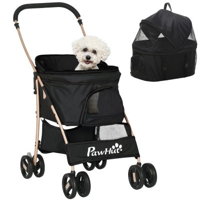PawHut Carrito para Perros Pequeños 3 en 1 con Vagón Desmontable Cesta de Almacenaje Correas de Seguridad y Cojín Negro