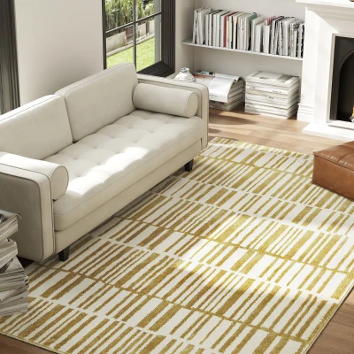 HOMCOM Teppich Wohnzimmer 200 x 140 cm Kurzflor maschinenwaschbar hypoallergen für Wohnzimmer, Schlafzimmer, Büro, Gelb
