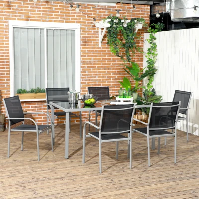 Outsunny Gartenmöbel-Set 6 Stühle + 1 Tisch aus Stahl Gartenmöbel-Set 7-teilig stapelbare Stühle Tischplatte aus gehärtetem Glas schwarz