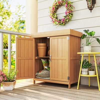 Outsunny Armario de Jardín de Madera 74x43x88 cm Cobertizo Exterior para Almacenamiento de Herramientas Leñas con 2 Puertas y Techo Asfáltico Abatible Natural