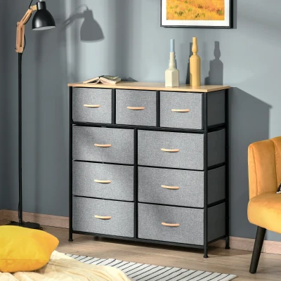 HOMCOM Kommode 9 Schubladen Stoffaufbewahrungsschrank klappbare Schublade - schwarzes Stahlgestell - 100 x 30 x 100 cm, Eiche und Grau