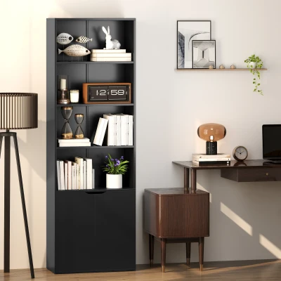 HOMCOM Bücherregal Bücherschrank mit 4 offenen Fächern und 2 Türen für Wohnzimmer und Büro 59x29x180 cm Schwarz
