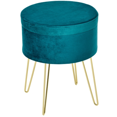 HOMCOM Pouf-Container 2-in-1 mit Hocker- und Tischfunktion, in Holz und Grünem Stoff, Metall mit Goldfinish, 36x36x45cm