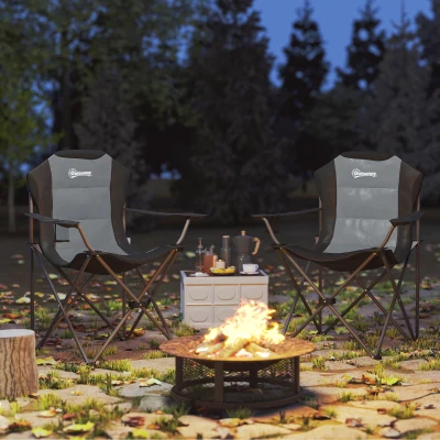 Outsunny Lot von 2 klappbaren Campingstühlen gepolstert mit hoher Rückenlehne und Getränkehalter, belastbar bis 120 kg, dunkelgrau